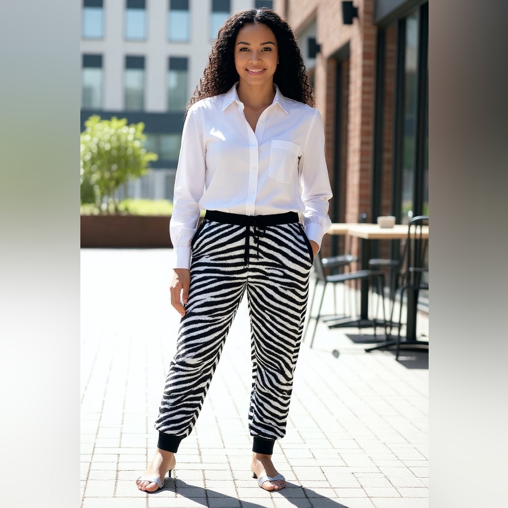 NY&C Black White Zebra Print Relaxed Drawstring Jogger Sweater Pants Sz S NWOT